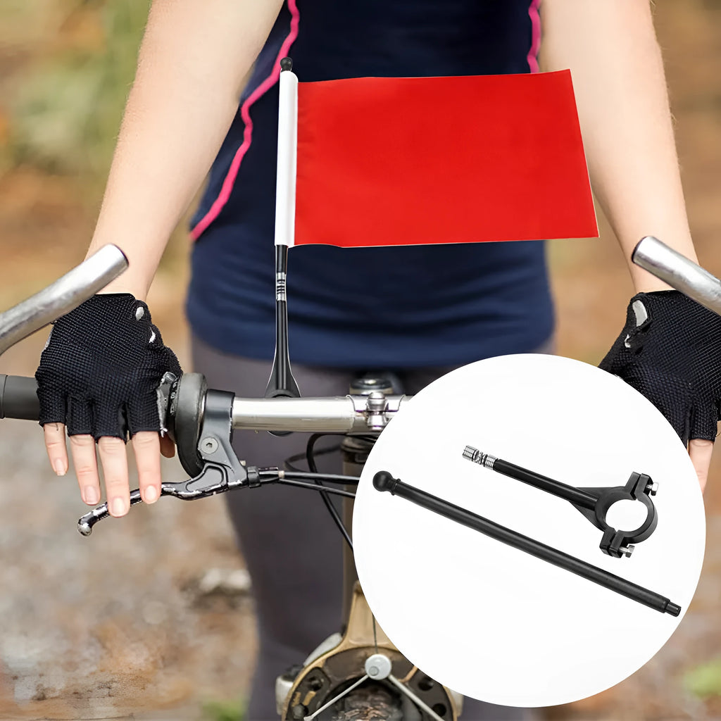 Plastic handlebar flagpole with square polyester fabric flag attached for cycling or promotional use