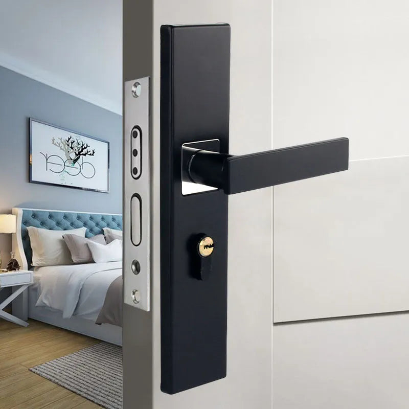 Aluminium split magnetic door lock handle for timber doors in black and silver finish.