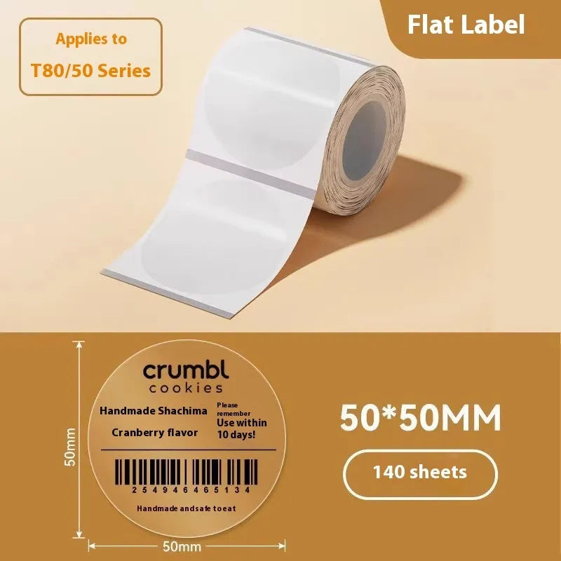 Transparent waterproof adhesive labels in multiple sizes including rectangular and circular formats