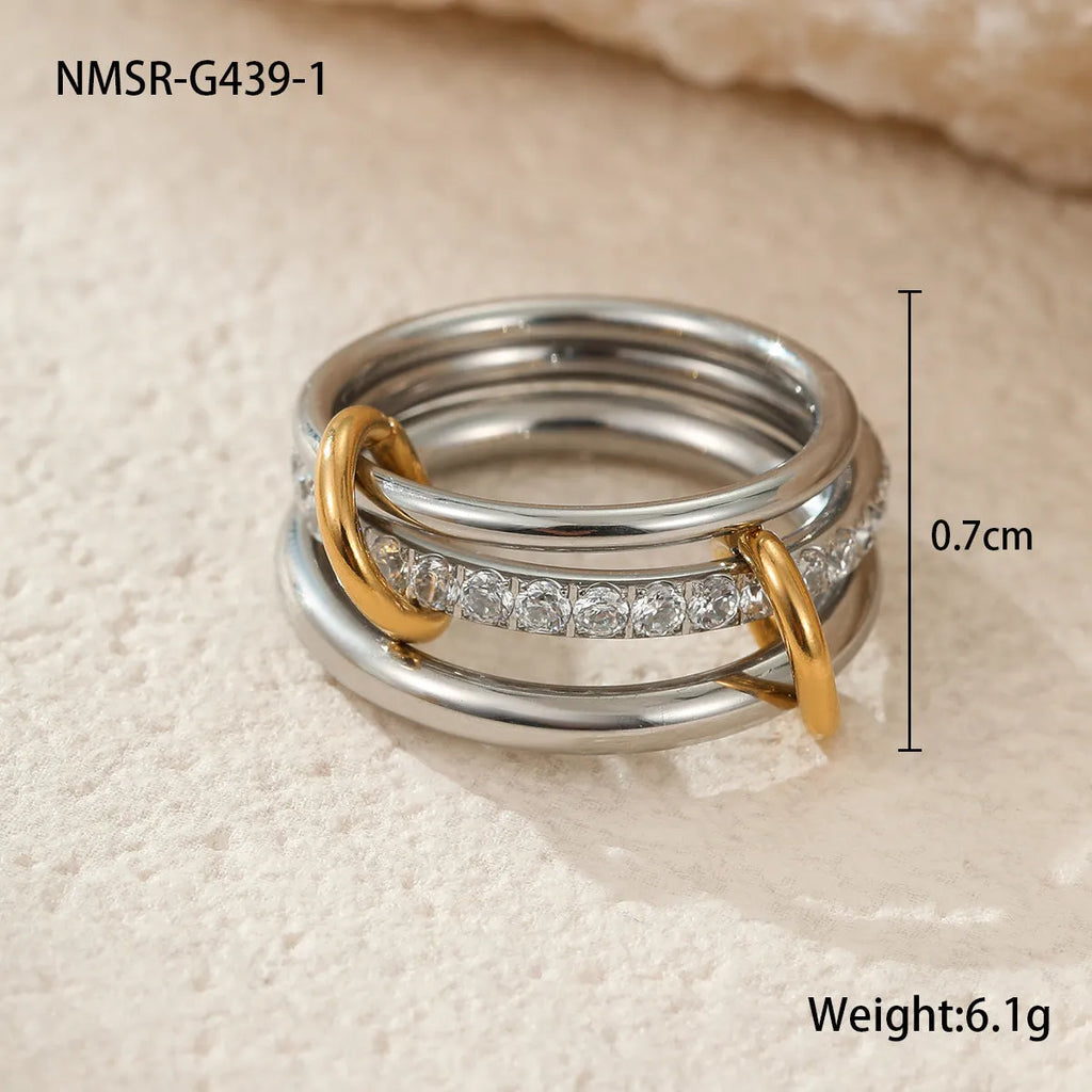 Stacked stainless steel ring with 18K gold plating in three colour variants for women's hand jewellery