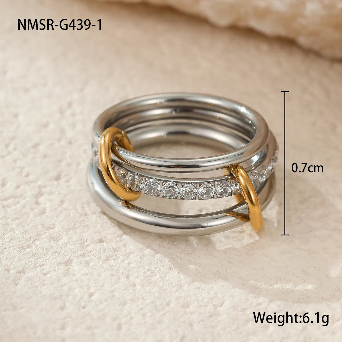 Stacked stainless steel ring with 18K gold plating in three colour variants for women's hand jewellery