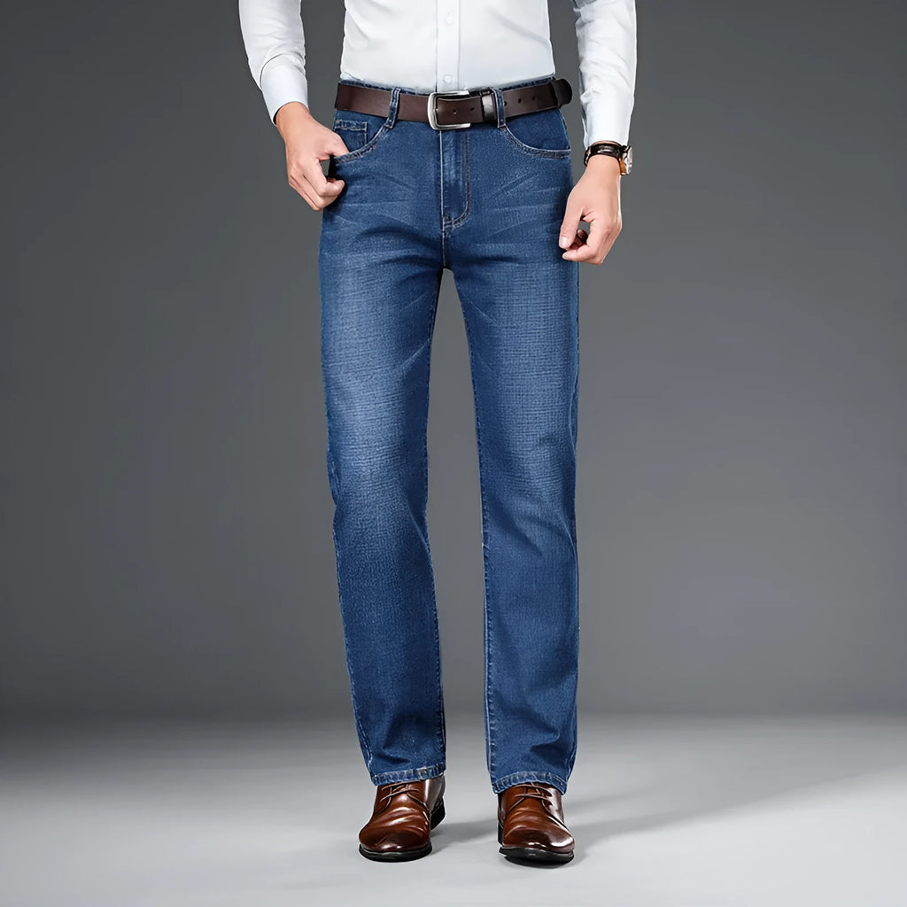 Men's straight-leg elastic business trousers in dark blue cotton denim, mid-waist, sizes 29-42