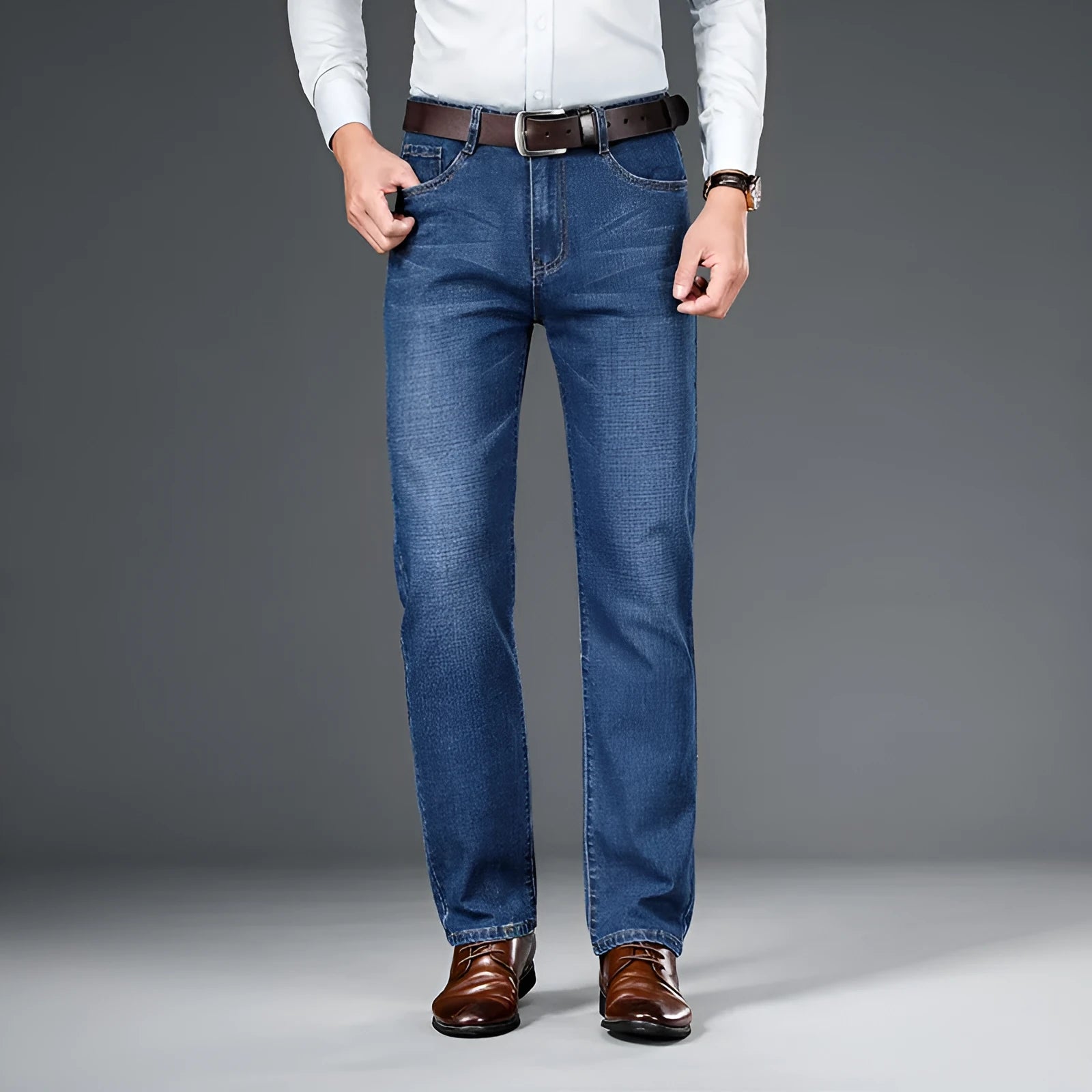 Men's straight-leg elastic business trousers in dark blue cotton denim, mid-waist, sizes 29-42