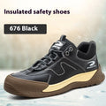 Flyknit leather work safety shoes with rubber sole in black colour, size 42 displayed