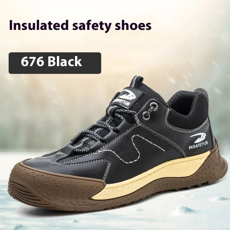 Flyknit leather work safety shoes with rubber sole in black colour, size 42 displayed