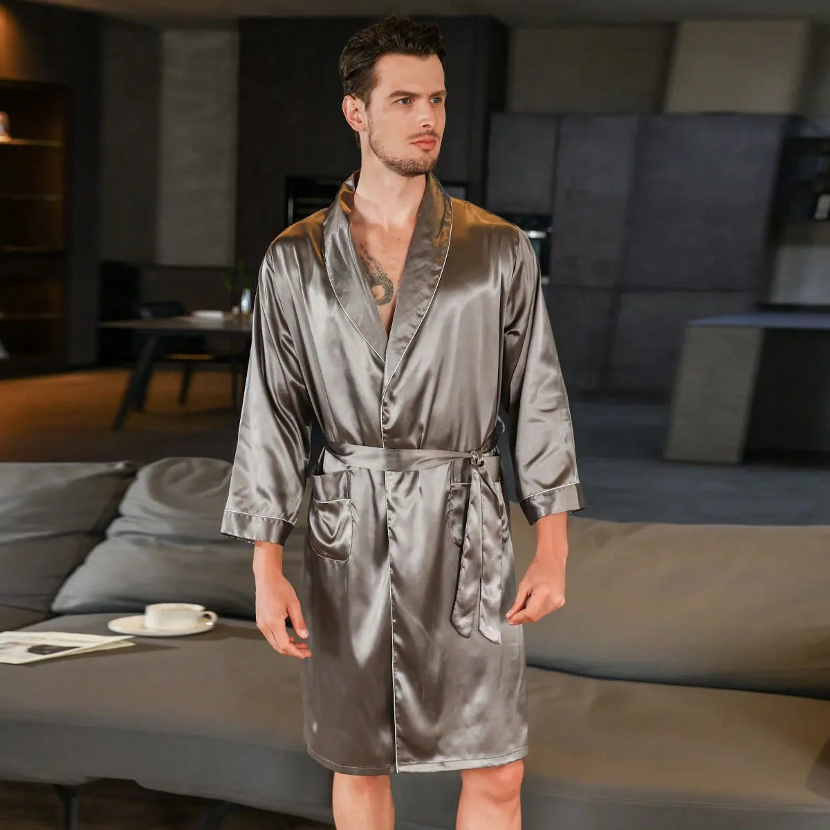 Men's lightweight summer silk bathrobe in rayon blend fabric showing colour pattern options