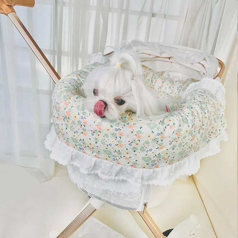 Pet stroller three-piece set showing removable cotton towel, cushion and pillow for cats and dogs