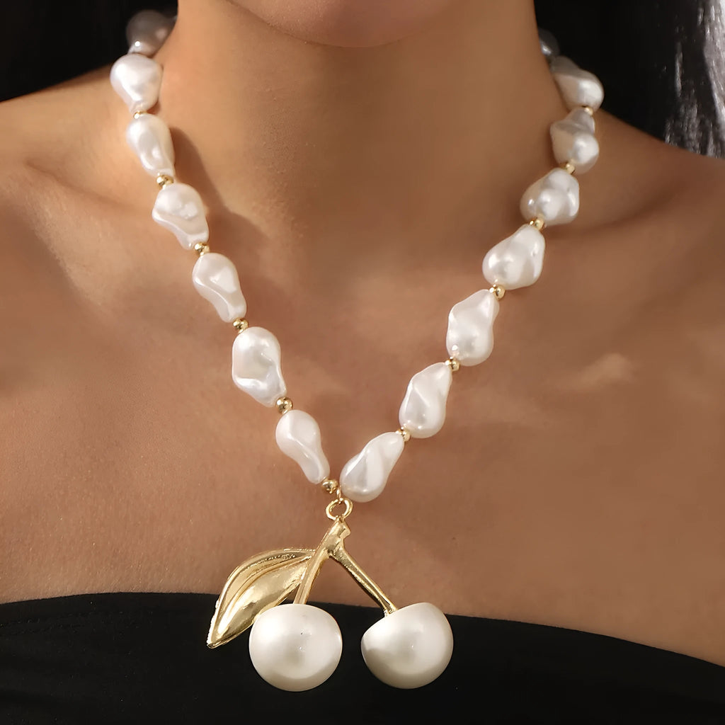 Women's adjustable pearl cherry fruit necklace with gold electroplated finish and 51cm-60cm chain