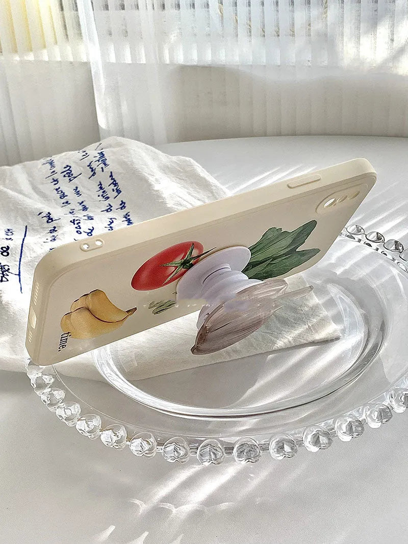 Anti drop liquid silicone phone case with spinach tomato yellow peach art design for iPhone