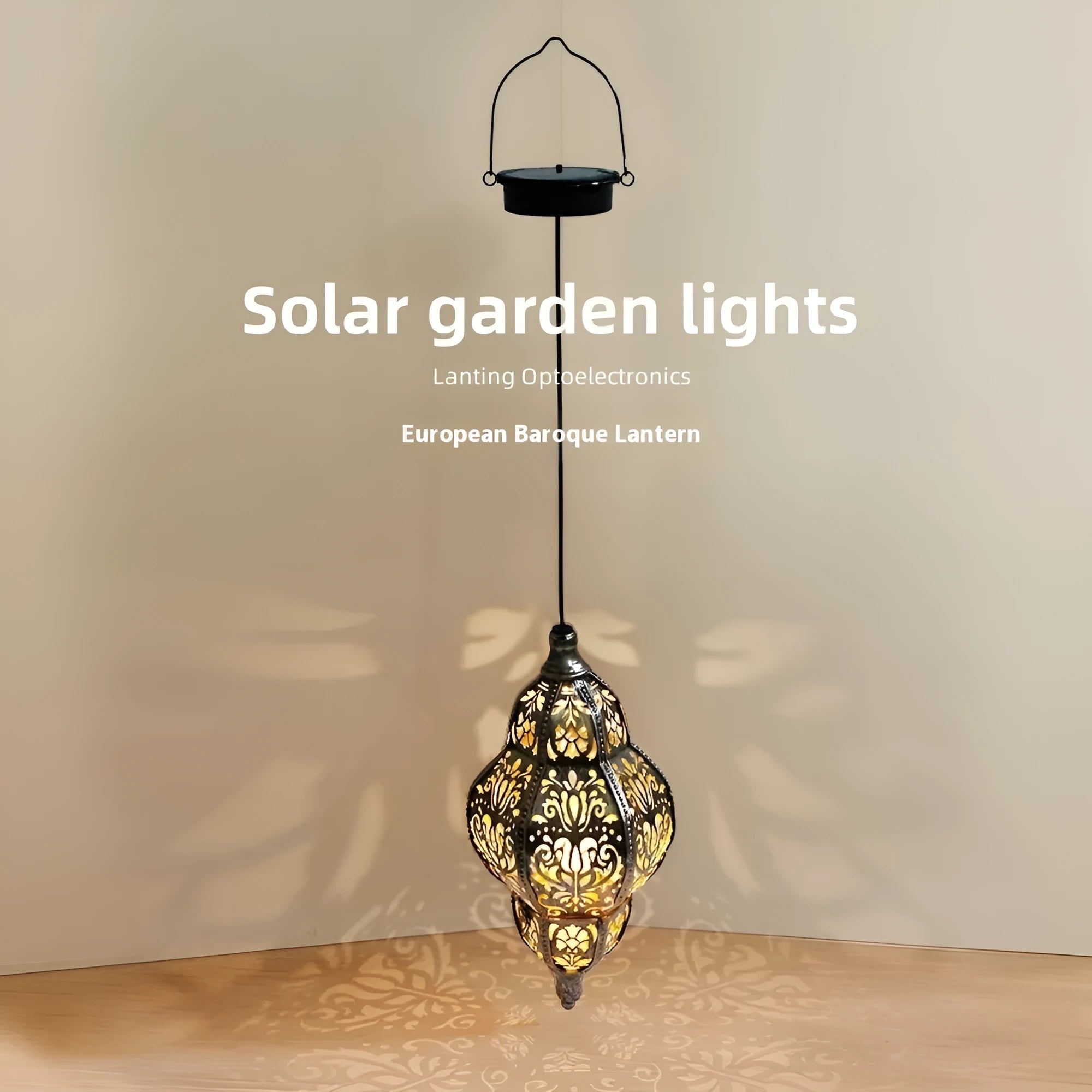 Solar iron hollow lantern chandelier hanging in outdoor courtyard with IP44 waterproof protection