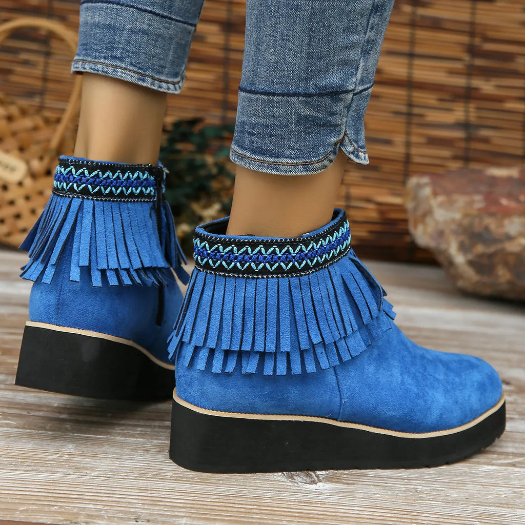 Women's black suede wedge boots with a side zipper and thick platform sole