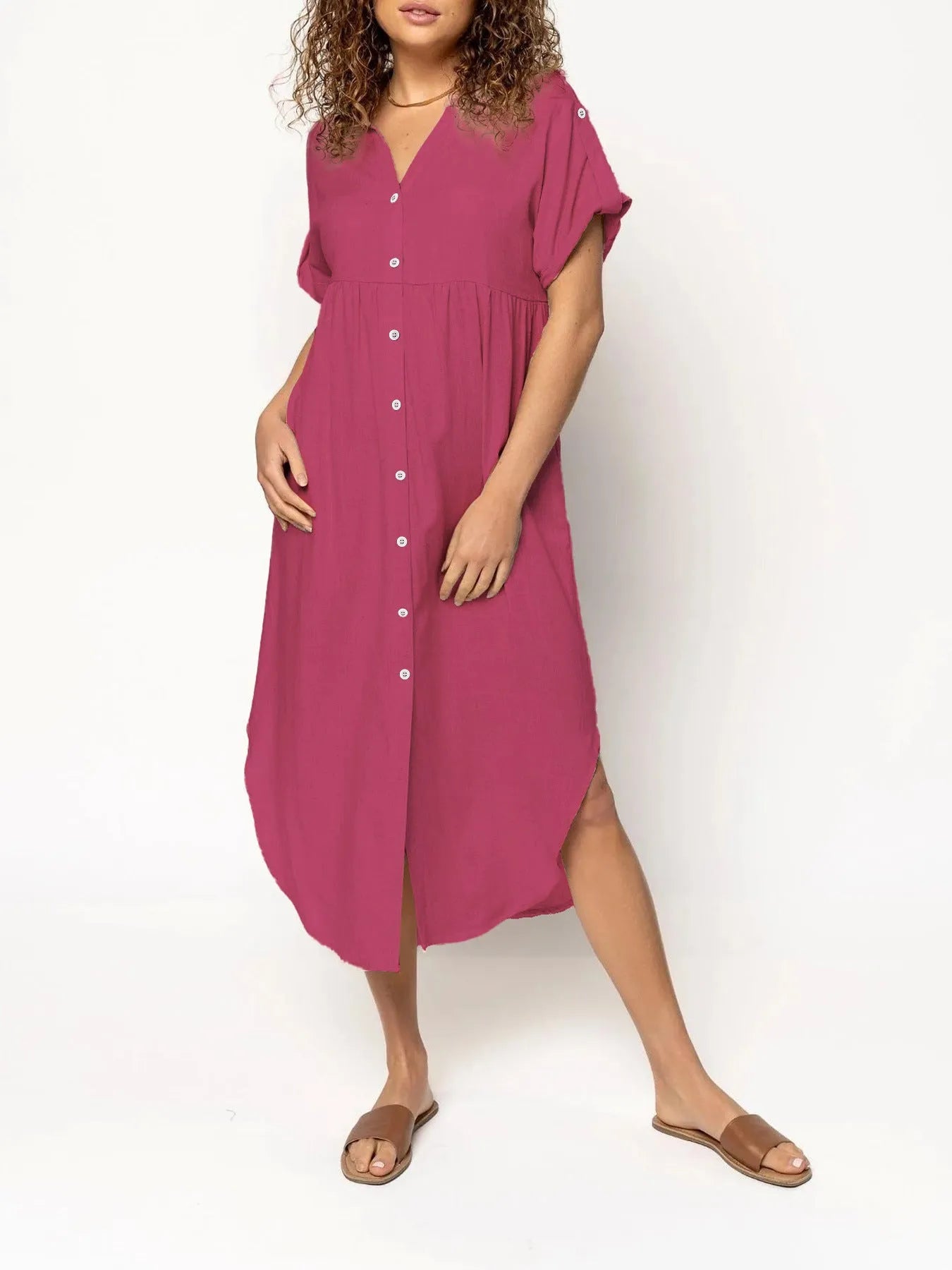 Loose temperament mid-length casual dress with button detailing in polyester fabric