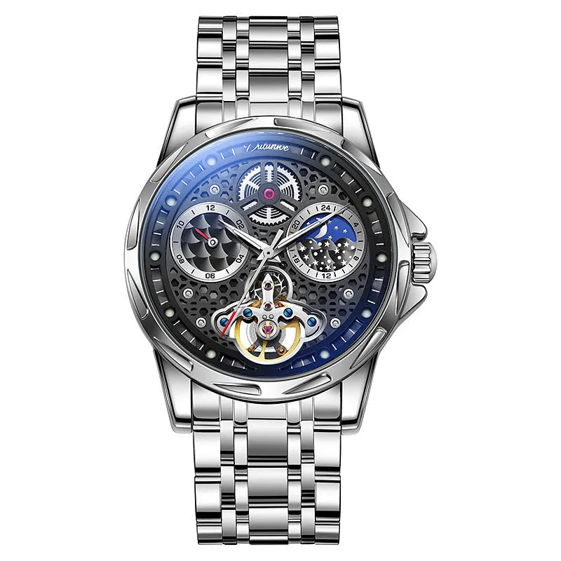 Men's waterproof automatic watch with luminous markers on a steel bracelet and a black dial.