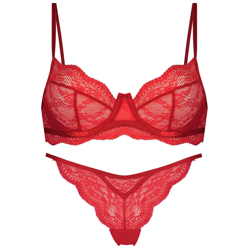 Women's black red green nylon French bra bikini set with fixed double-shoulder straps