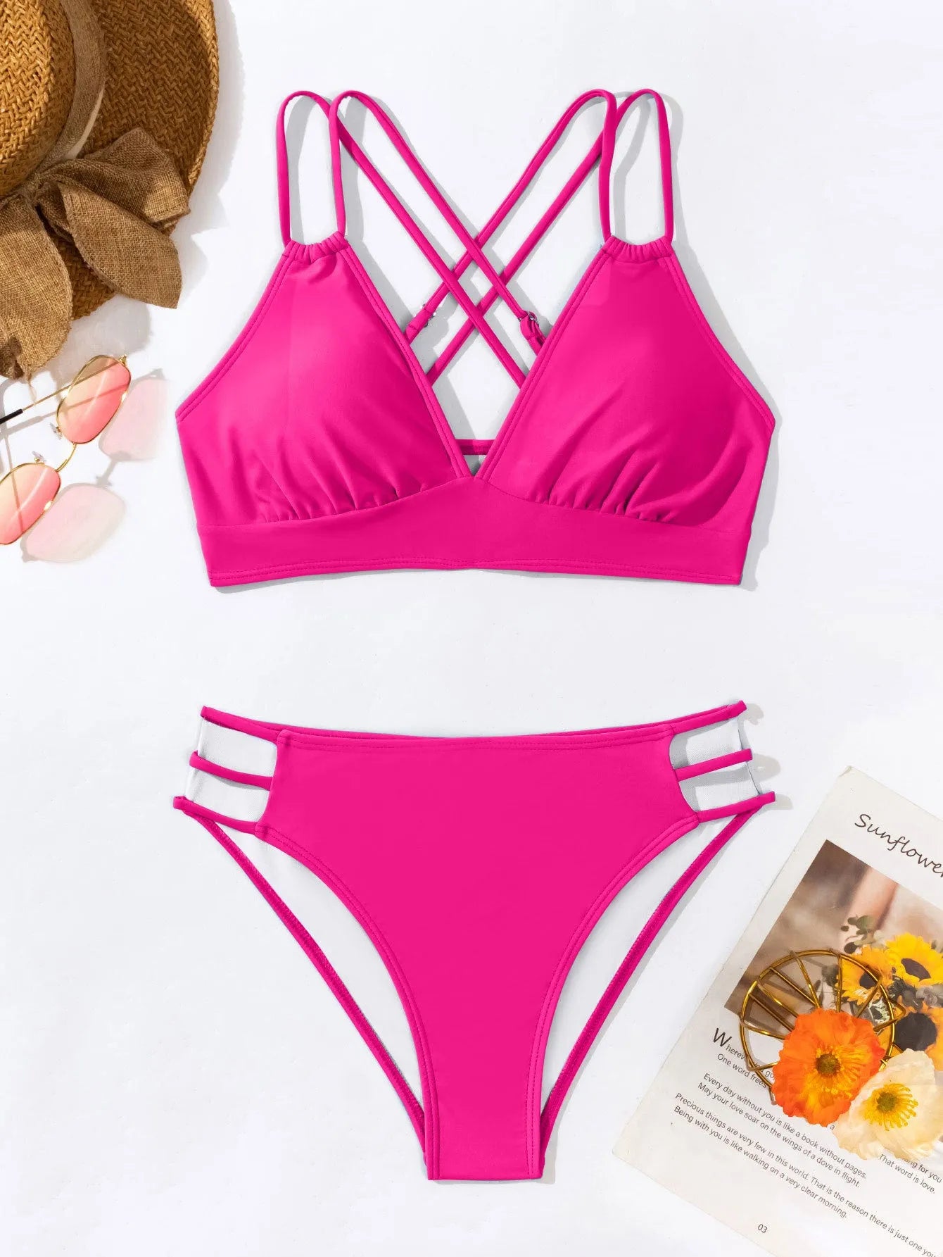 Women's black halter neck V-neck bikini swimsuit with split-style bottoms