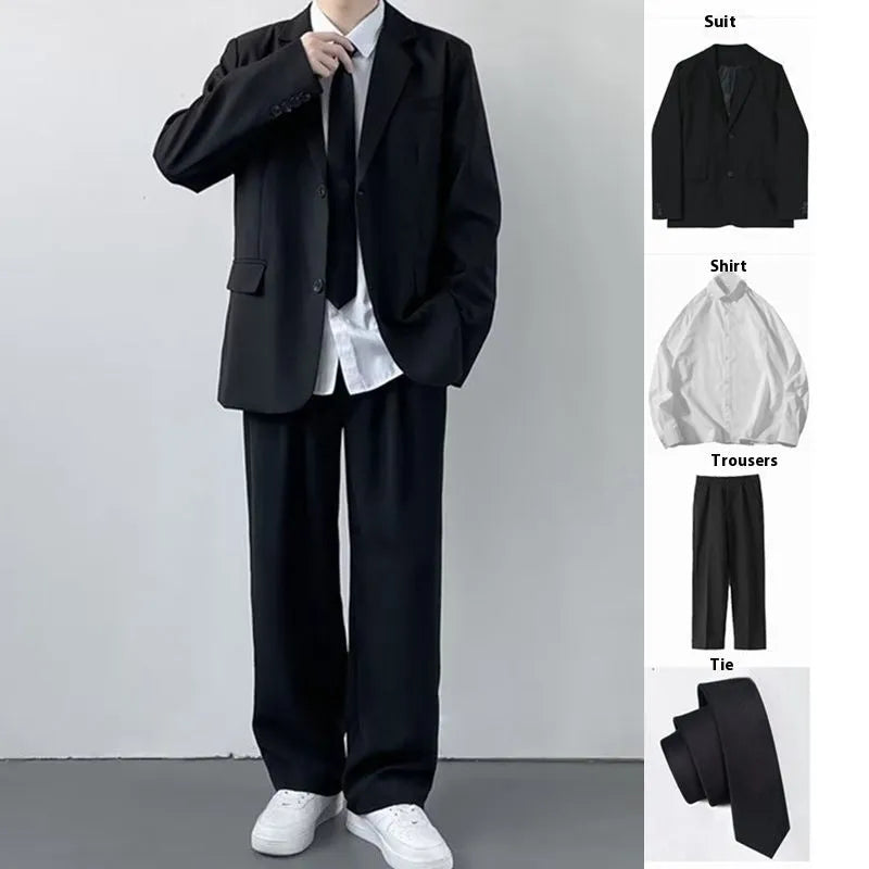 Men's plus size college-style suit set with trousers, white shirt and tie in loose fit