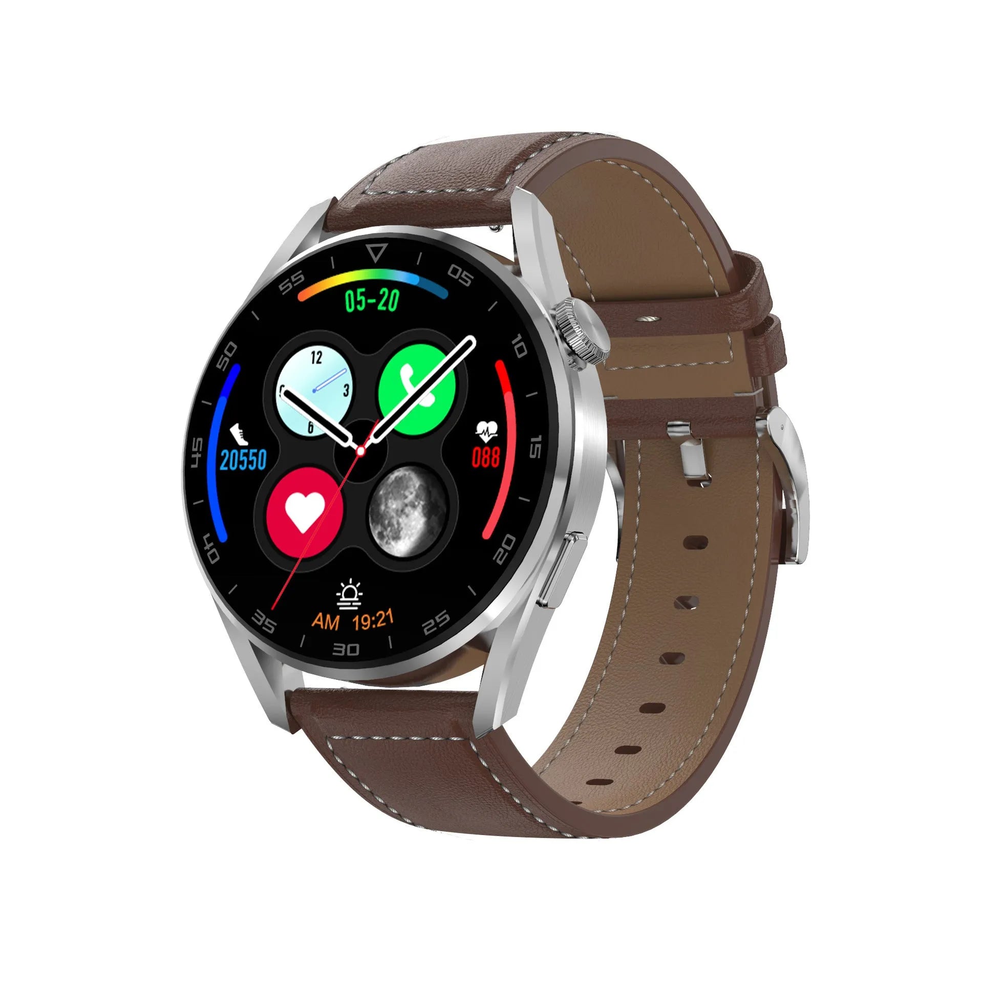 Bluetooth smart watch with 1.3 inch IPS touchscreen and metal wristband in black leather colour