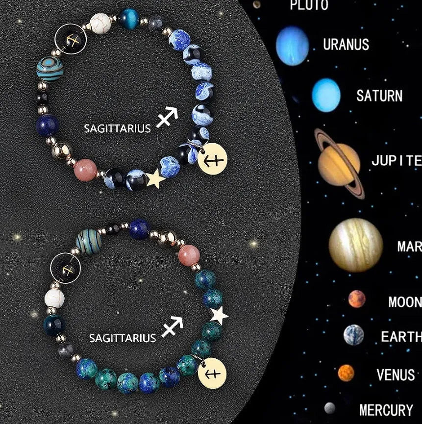Set of two natural stone beaded bracelets with zodiac sign charms on an adjustable cord.