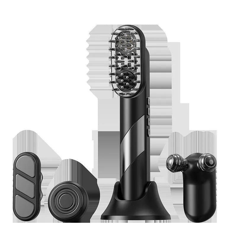 Four-in-one red light EMS massage comb for scalp soothing in black and pink, 7.5cm x 7cm x 21.5cm