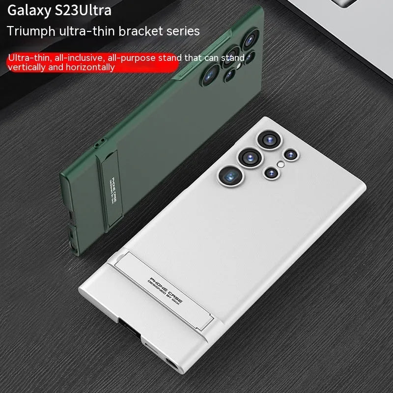 All-inclusive ultra-thin bracket phone case for Samsung Galaxy S23 series in dark night green with built-in stand and frosted finish
