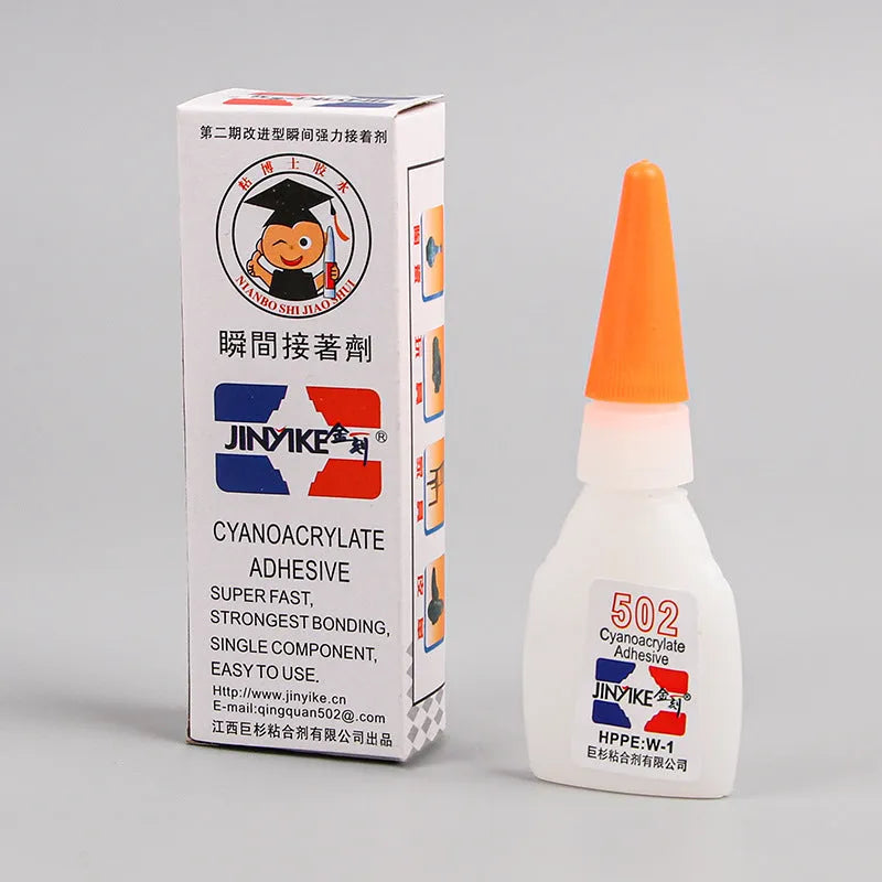 Instant strong adhesive tube for shoe repair showing 3g and 8g size options for leather, trainers, and rubber materials