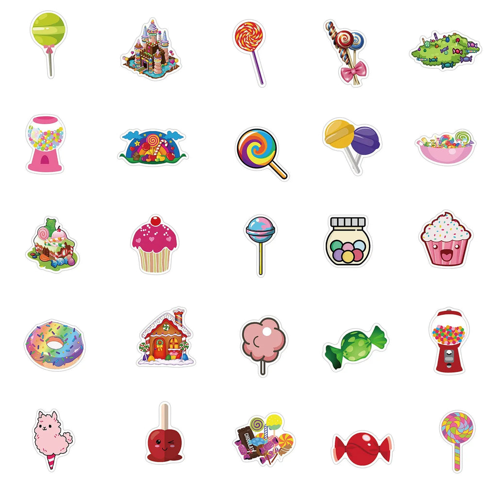 Pack of 50 colourful Candy Series graffiti and cartoon stickers, each measuring 4-6cm.