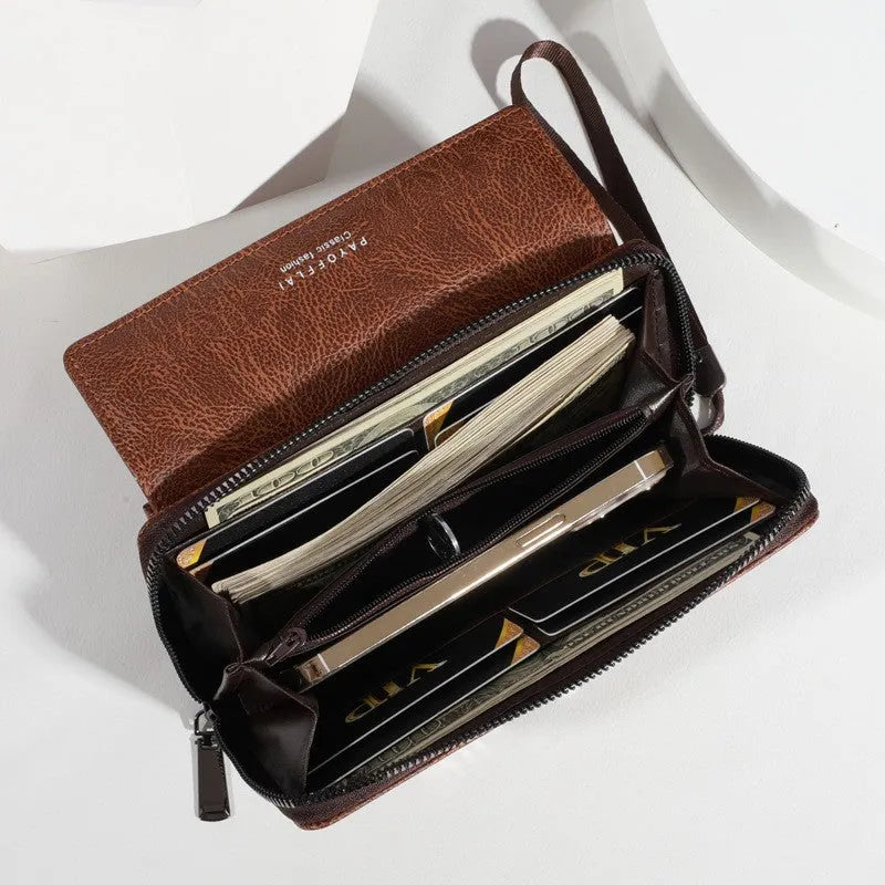 Men's PU leather wallet with multiple card slots in casual long design showing black colour option