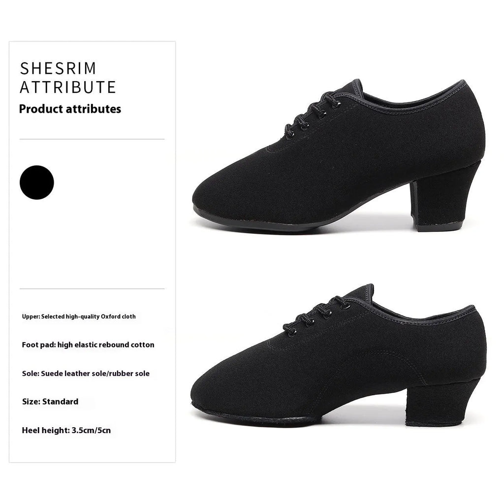 Men's black oxford cloth ballroom dancing shoes with middle heel and rubber sole, indoor and outdoor variants
