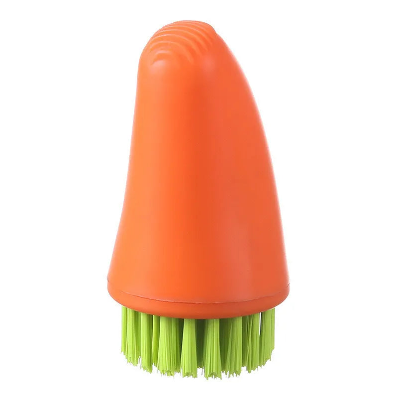 White and orange radish-shaped carrot cleaning brush with nylon bristles for washing root vegetables