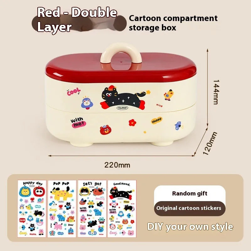 Cartoon-style red and brown plastic desktop storage organiser with 2L capacity and organisation stickers.