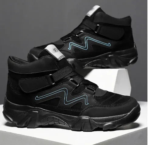 Men's black leather lace-up walking shoes with thick rubber soles