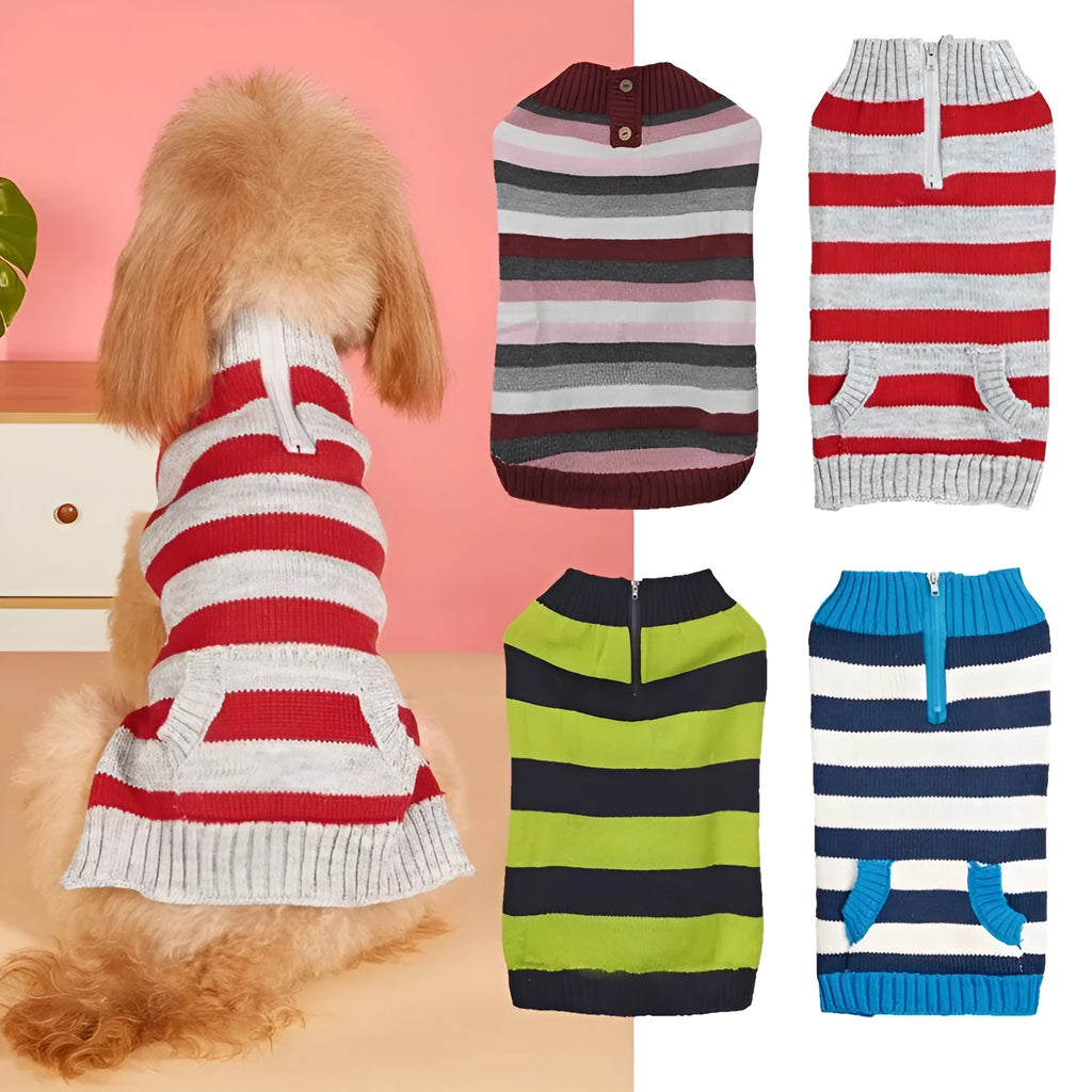 Grey dog sweater with horizontal zipper and button pocket for small to medium pets