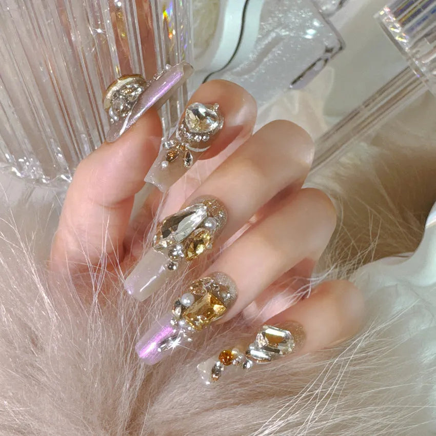 Luxury rhinestone false nail patches with flash style designs for women, S number size
