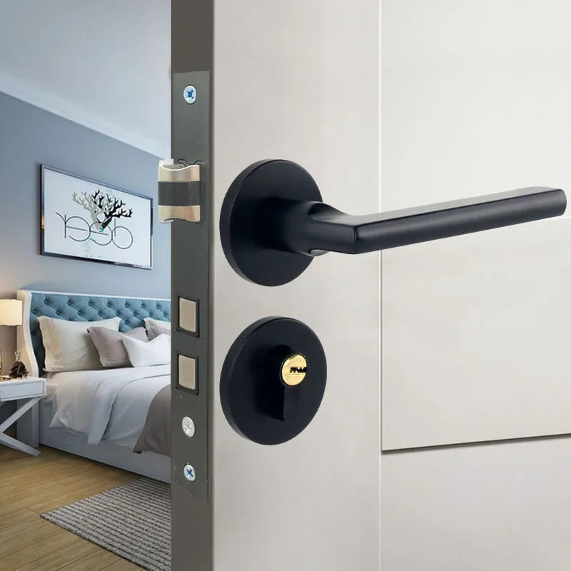 Aluminium split magnetic door lock handle for timber doors in black and silver finish.