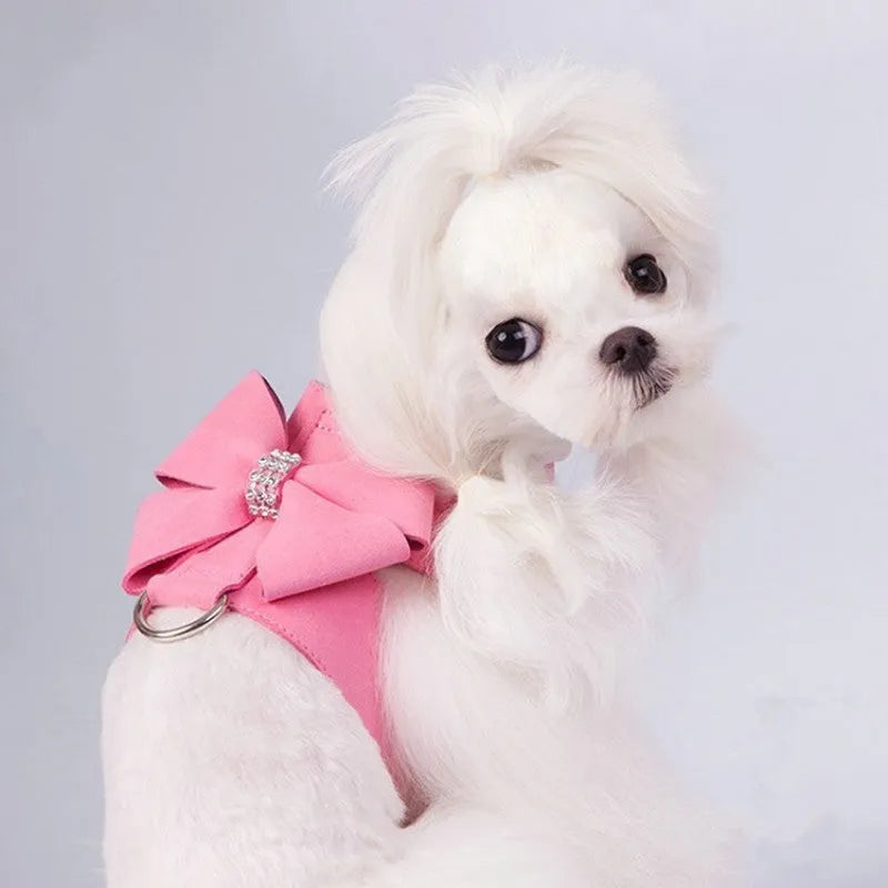 Adjustable microfiber dog chest strap shown in pink, blue, and orange colour options.