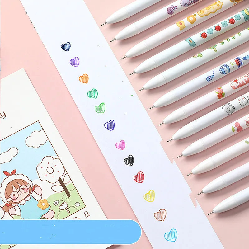 Twelve-colour gel pen set with cartoon-style plastic bodies and fine 0.5mm tips for hand account and office use.