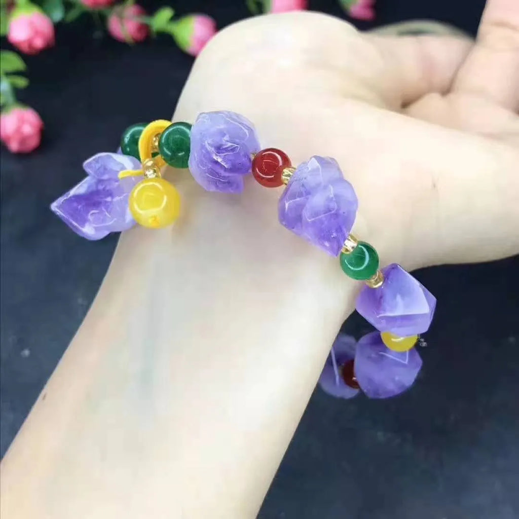 Natural shaped amethyst bead bracelet with fu character pendant for women's romantic styling