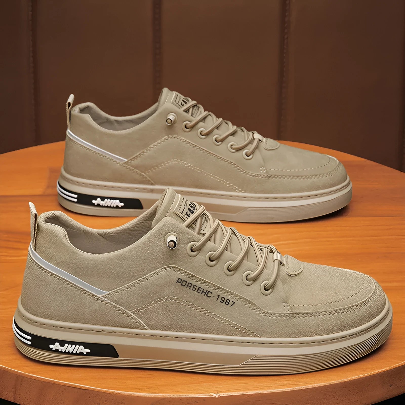 Men's black low-top casual work shoes with a rubber sole and artificial PU upper.