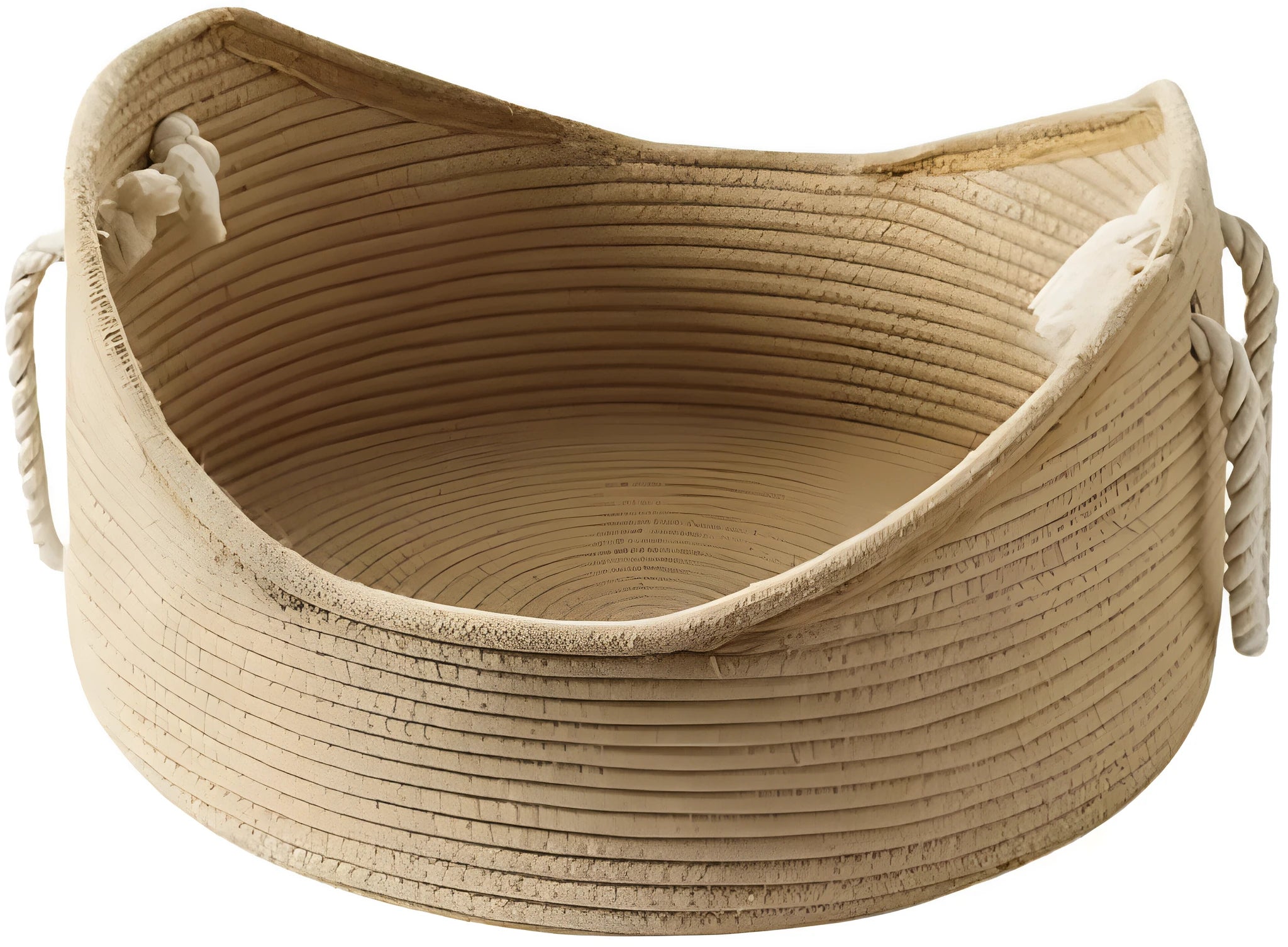 Woven wicker cat basket bed with integrated corrugated scratching surface showing two size options