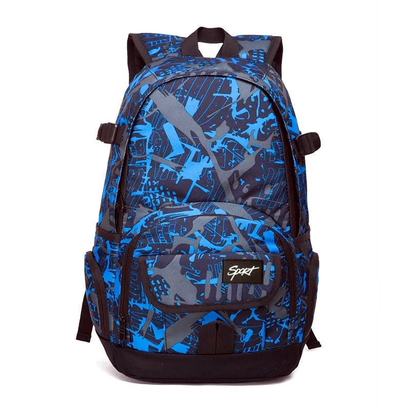 Blue and red large-capacity nylon backpack for school, travel, and outdoor activities.