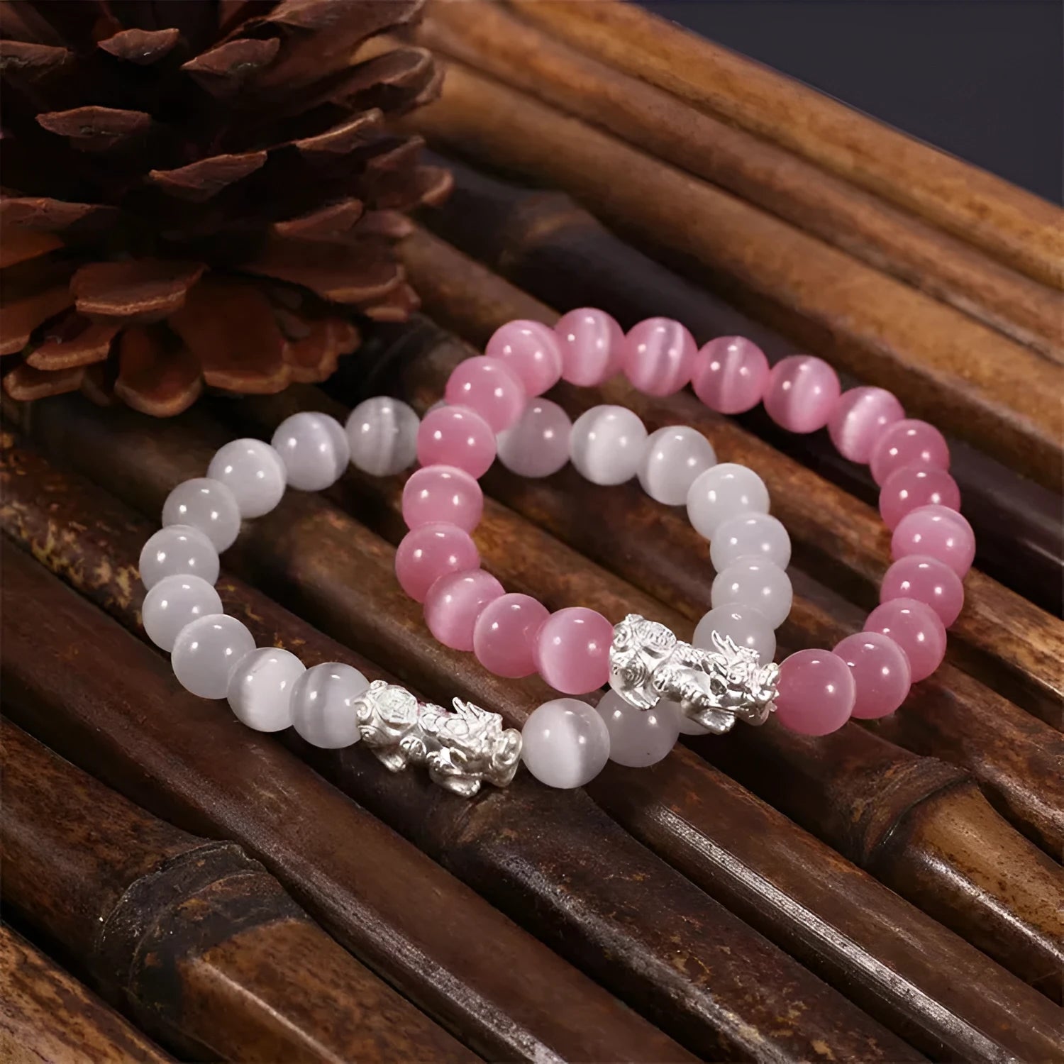 Hand-woven natural crystal stone powder cat eye bracelet in pink, silver metal beads, unisex style