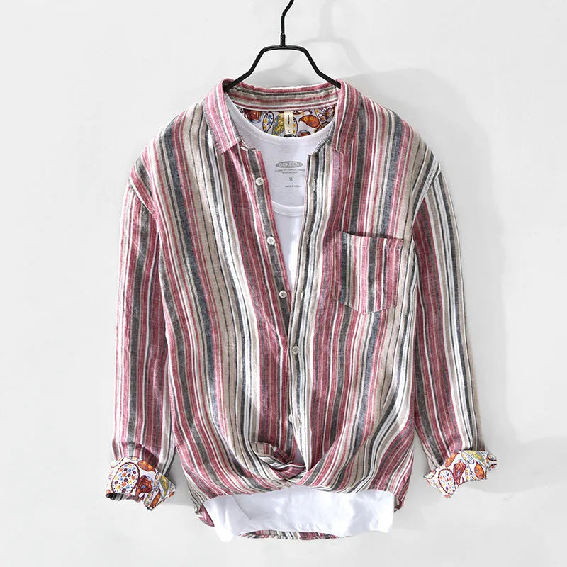 Men's red and grey striped linen shirt with long sleeves and loose fit