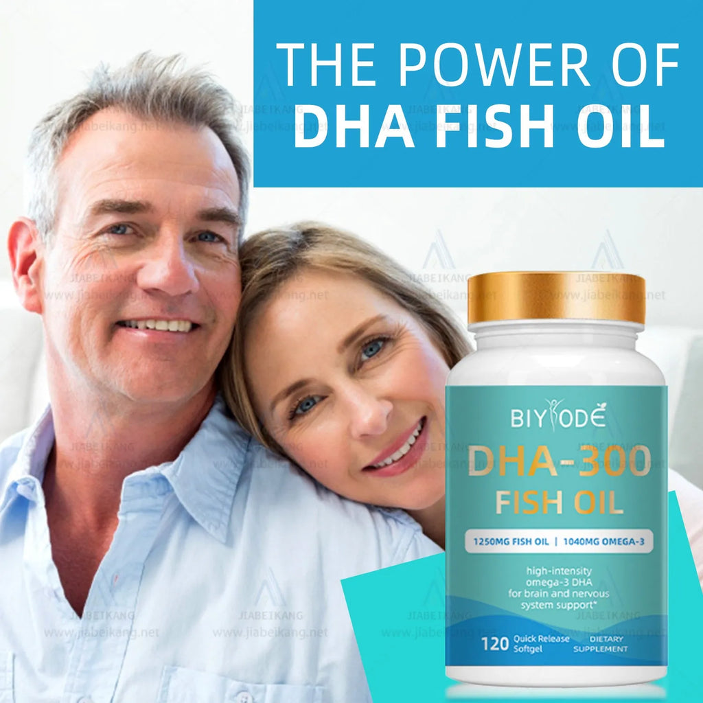 Bottle of DHA-300 Omega-3 fish oil softgels, 120 count, for joint and immune support