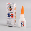 Instant strong adhesive tube for shoe repair showing 3g and 8g size options for leather, trainers, and rubber materials