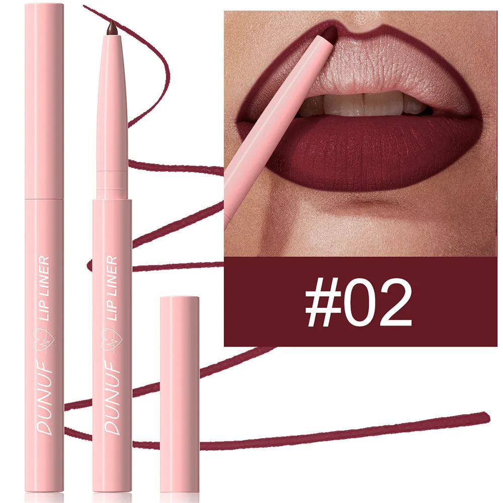 A single velvet matte lip liner pencil shown with a swatch of its colour, representing one of 12 available shades.