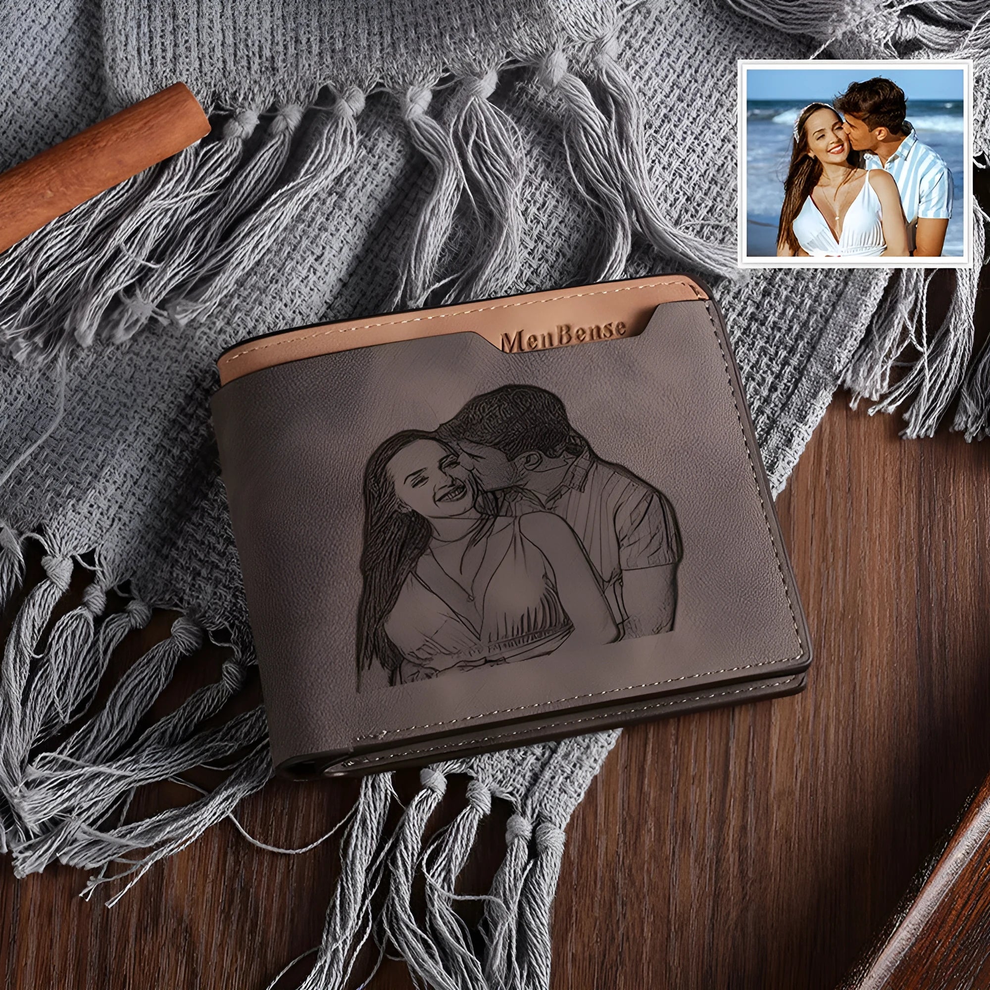 Coffee brown engraved horizontal short wallet for men made from PU leather.