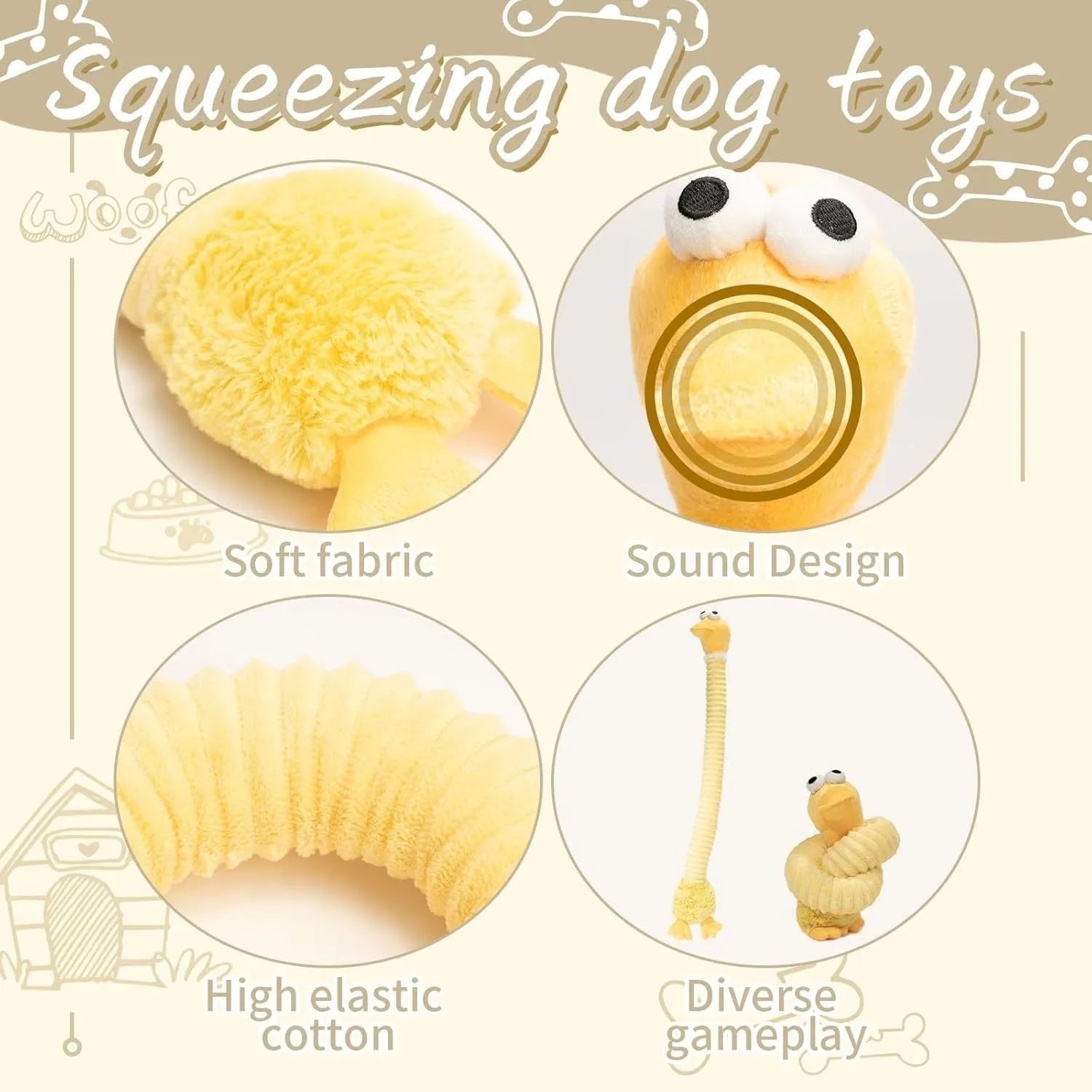 Foldable plush dog toy with squeaky and crinkle features in brown, grey and yellow colours