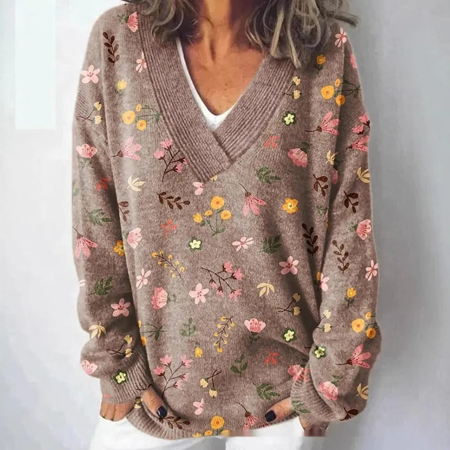 Women's V-neck long sleeve sweatshirt with a detailed 3D floral printed pattern in a retro style.