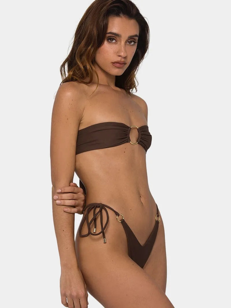 Brown push up tube top bikini with a ring tether detail on the split style swimsuit bottom.