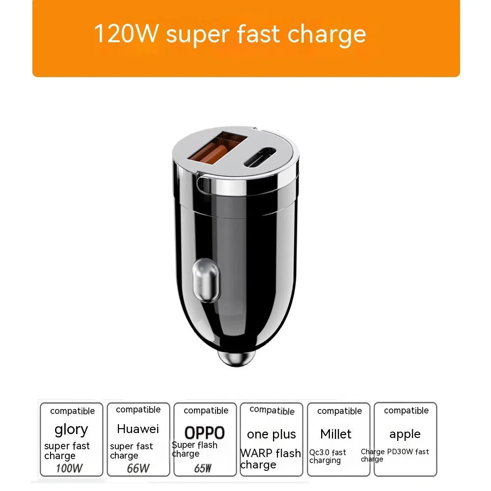 Black zinc alloy car charger with USB port, showing compact dimensions for vehicle use.